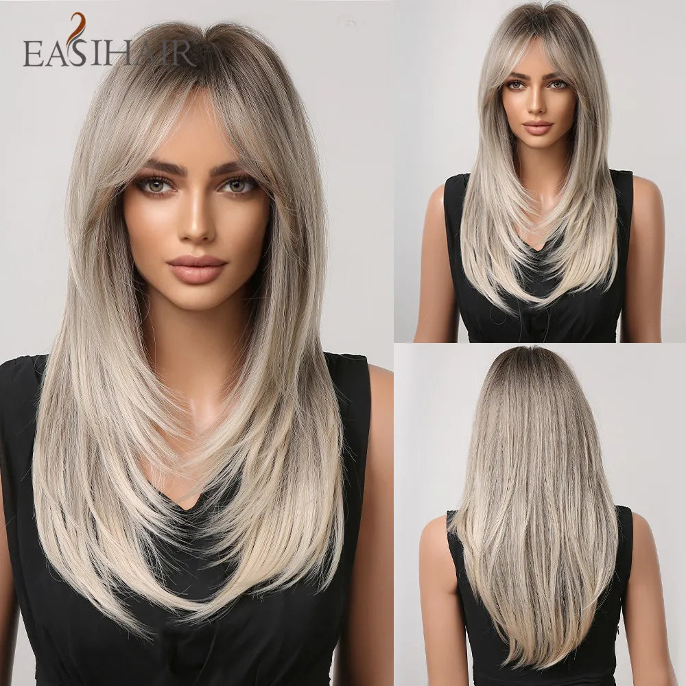 Dark Brown Synthetic Layered Wig With Bangs for Women