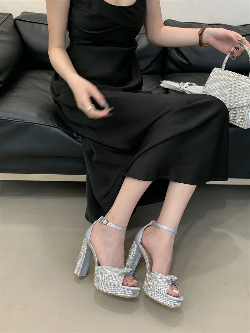Crystal Bowknot Open Toe Platform Sandals for Women