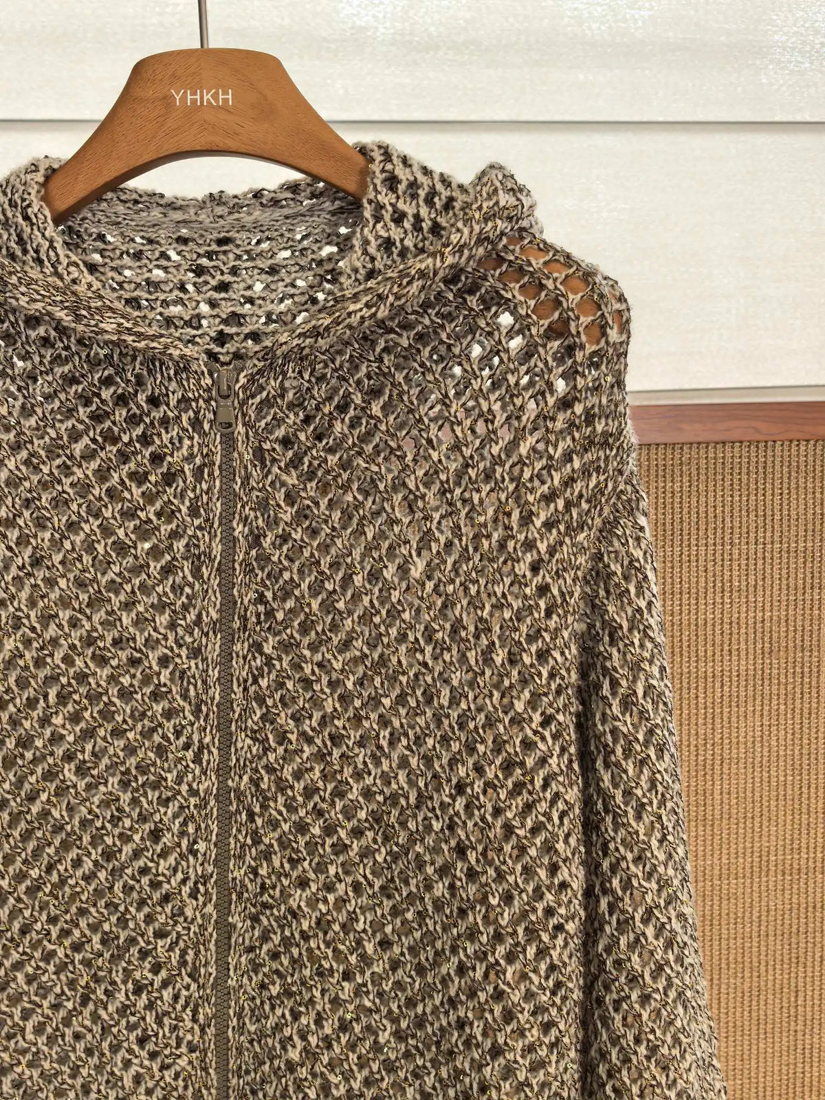 Sequined Hooded Knit Cardigan with Zipper for Women