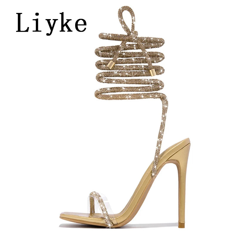 Crystal Glitter Rhinestone Ankle Strap Sandals for Women