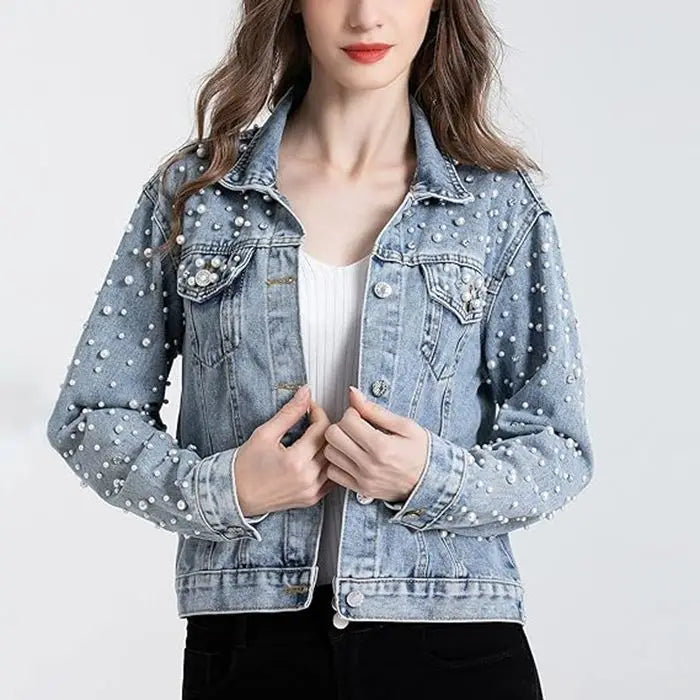 Pearl Beaded Lapel Long Sleeve Denim Jacket for Women
