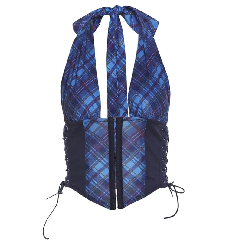 Weird Puss Bandage Button Tops Woman Summer Plaid Print Sexy Deep V-Neck Halter Skinny Wild Hipster Y2K Fashion Party Streetwear