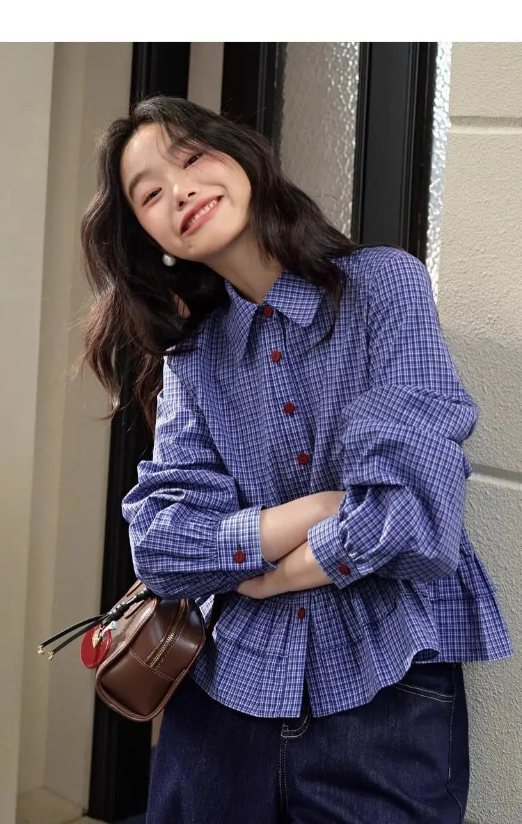 Blue Checkered Ruffle Trim Blouse With Turn Down Collar for Women