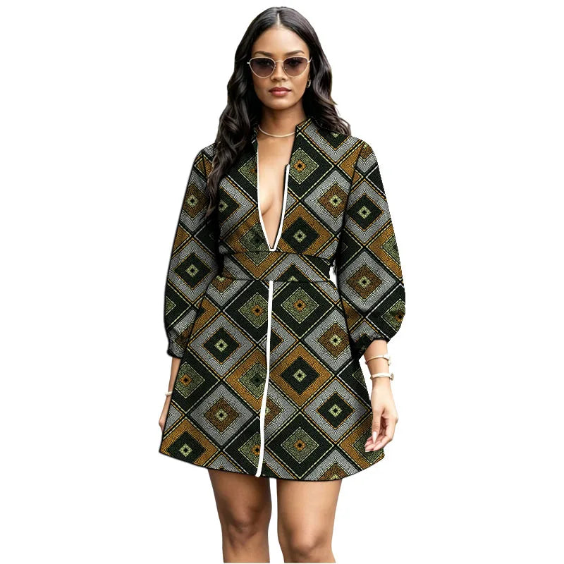 Zipper Belt African Print Loose Bishop Sleeve Dress for Women