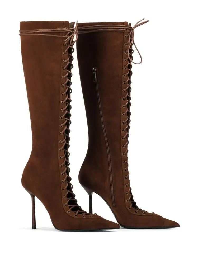 Lace Up Knee High Heeled Boots With Side Zipper for Women