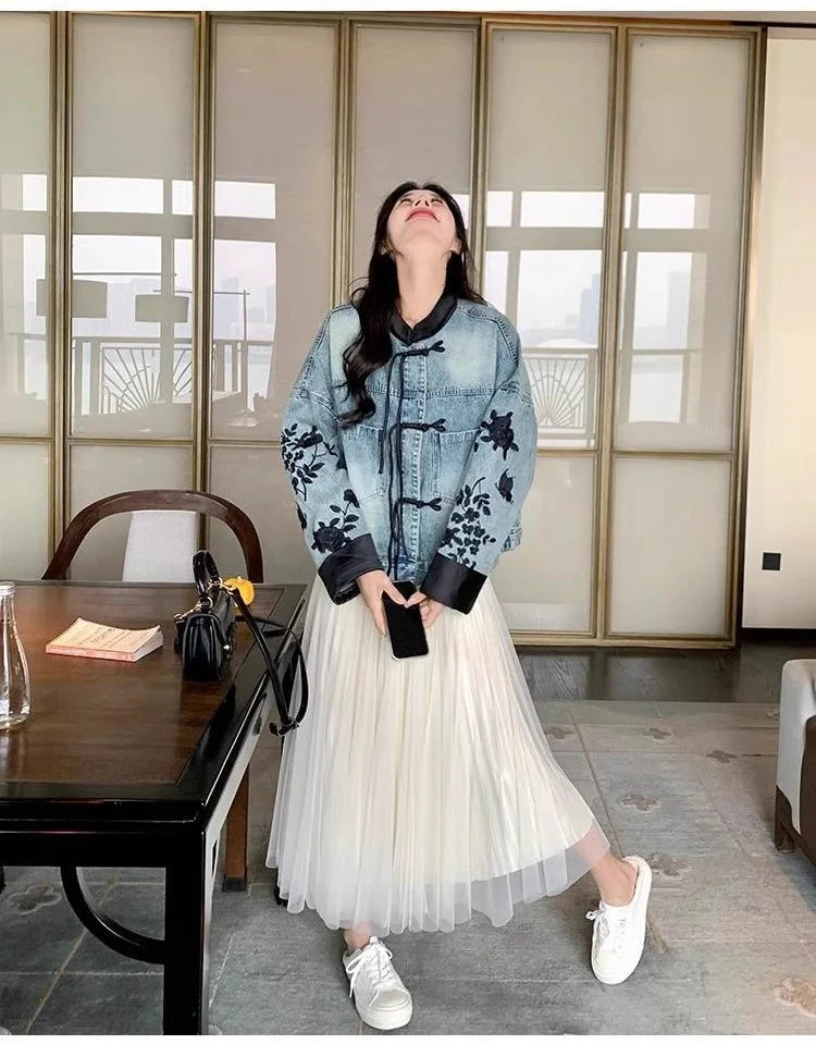 Plus Size Embroidered Denim Jacket
