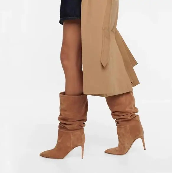 Slip On Pleated Suede Pointed Toe Thin Heel Mid Calf Boots for Women