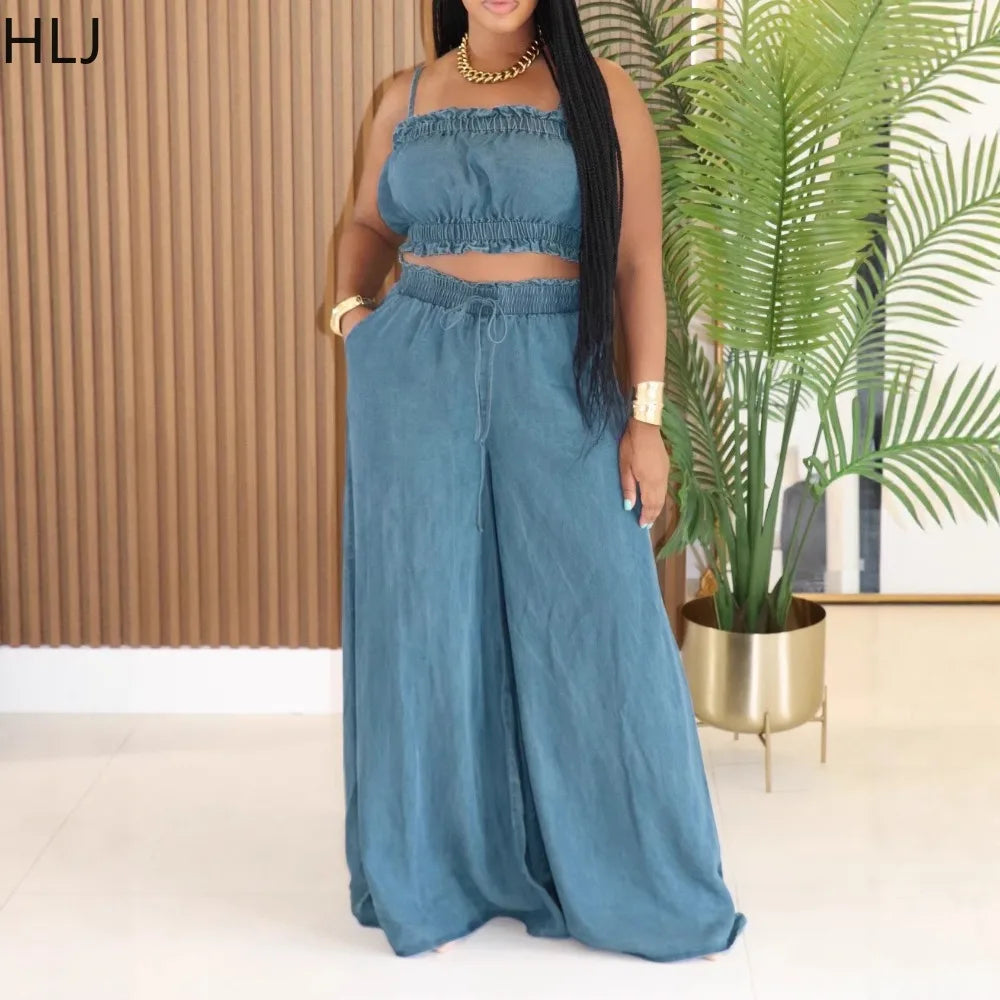 Ruched Spaghetti Strap Denim Two Piece Set for Women