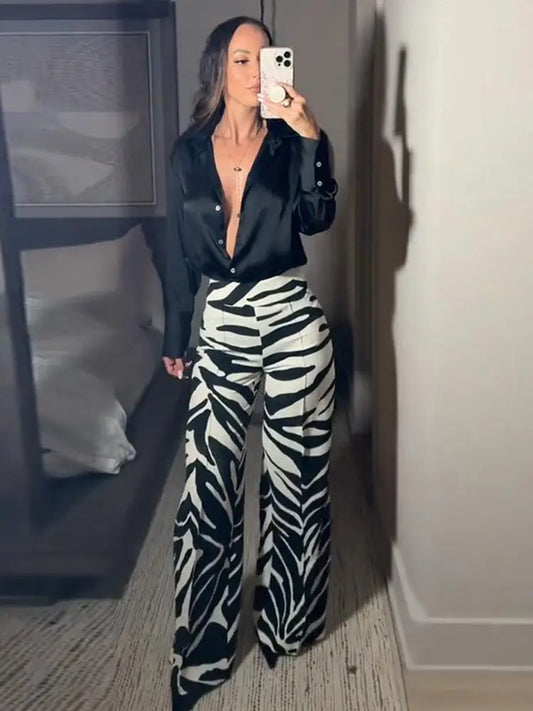 Zebra Print Wide Leg Women Pants High Waisted Stretch Fit 2025 Autumn Fashion Elegant Casual Bottoms Office Chic Lady Trousers