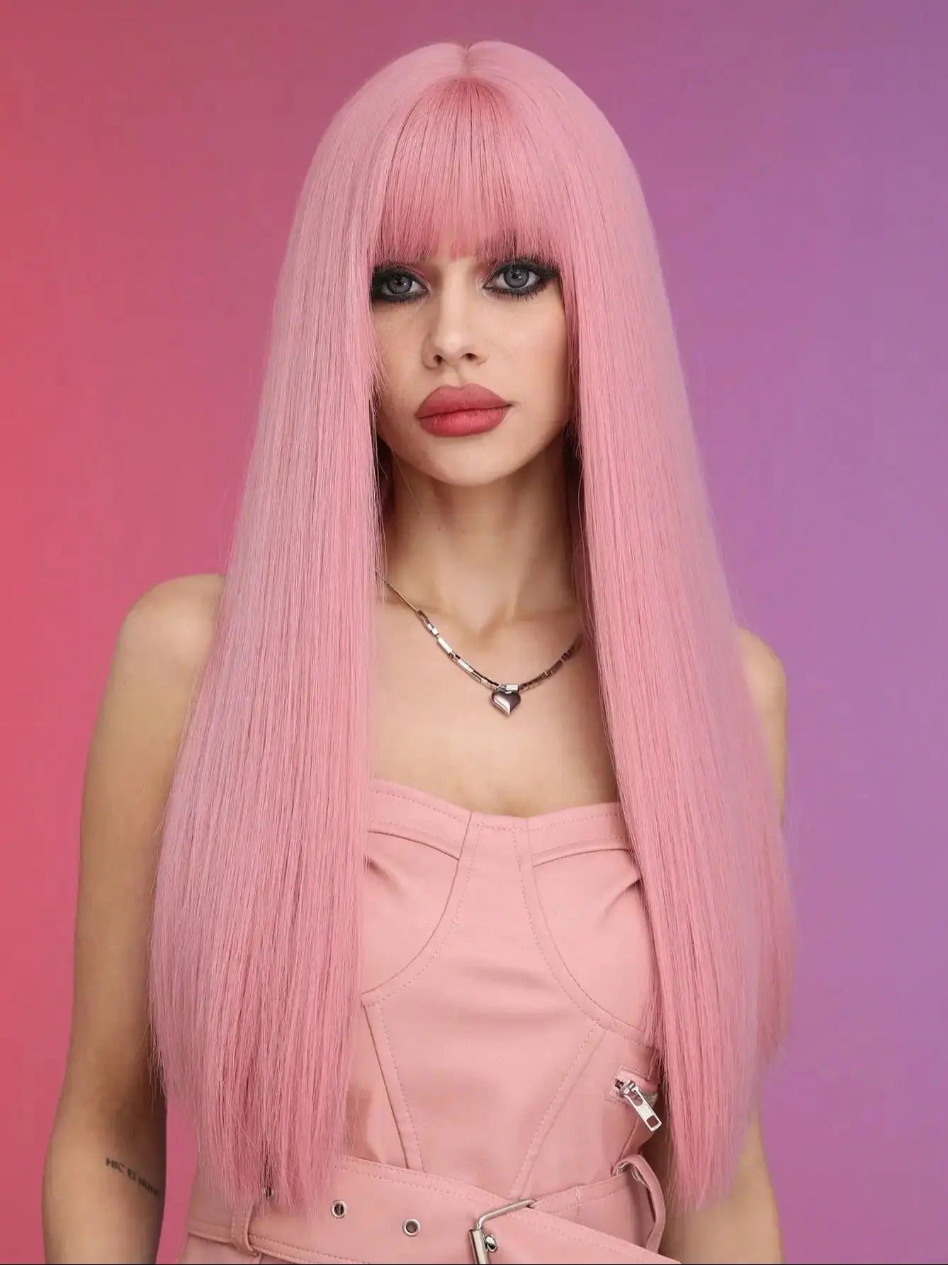 Long Straight Pink Heat Resistant Synthetic Wig With Bangs For Women