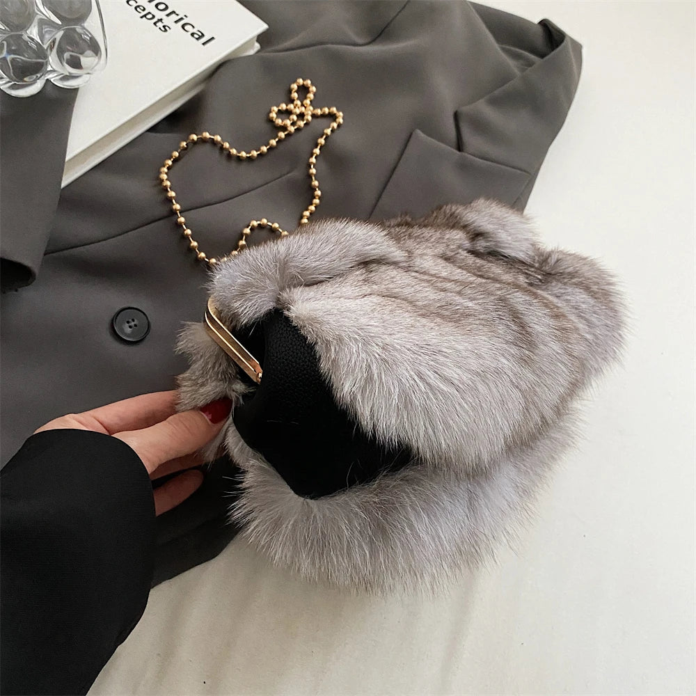Luxurious Fox Fur Evening Clutch with Chain for Women