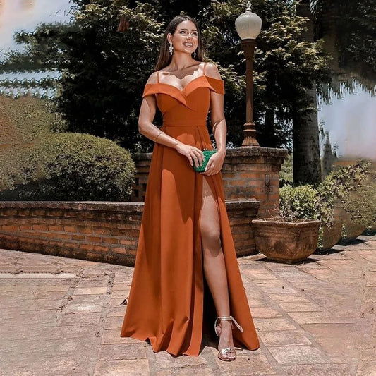 Off Shoulder Burnt Orange Evening Dresses Spaghetti-Straps Elegant A-Line Satin Floor Length плаття на випускний Customized