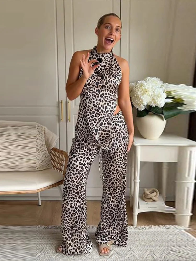 Leopard Print Halter Neck Top And High Waist Flare Pants Set For Women