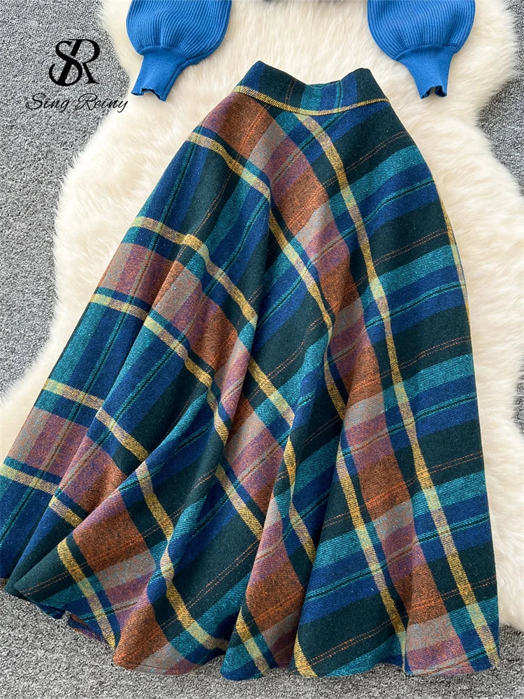 Plaid Knitted Sweater and Long Skirt Two Piece Set for Women