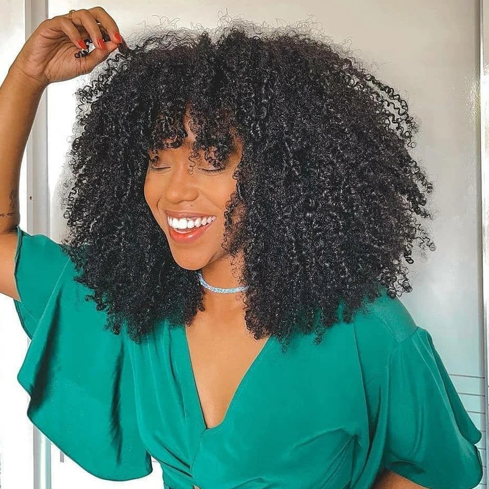 Short Kinky Curly Human Hair Wig With Bangs for Women