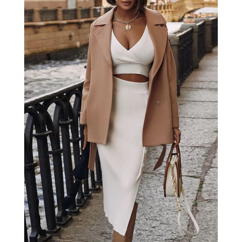 Casual Autumn Women V-Neck Long Sleeve Ribbed Knit Top & Button Slit Midi Skirt Set Slim Fit Two Pieces Dress Set