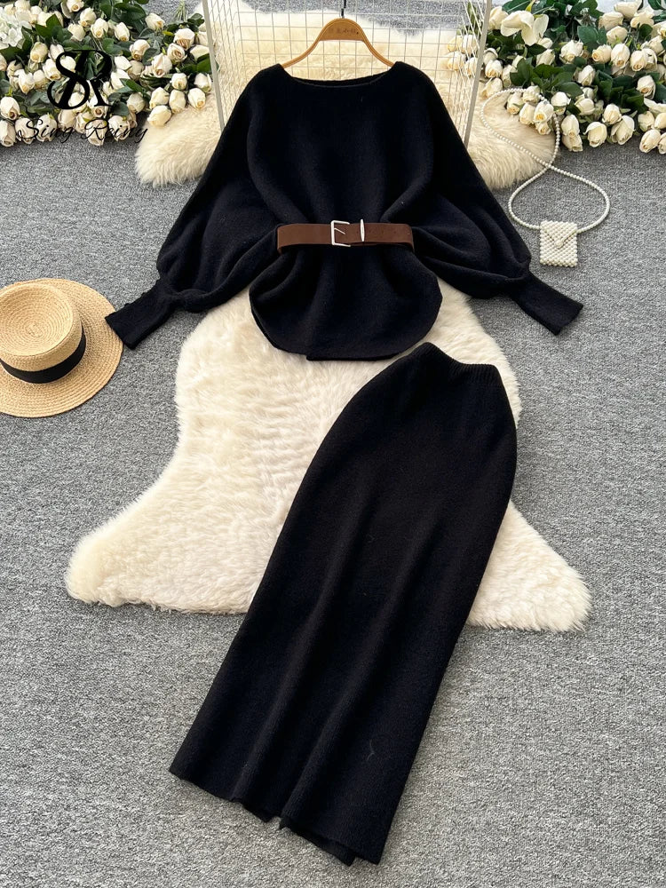 Batwing Sleeve Knit Top and High Waist Skirt Set for Women