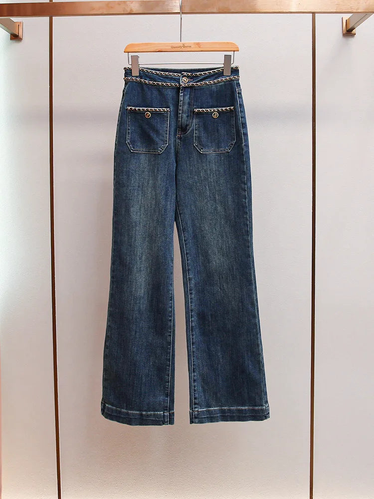 ANJY Autumn Women American Style Vintage High-End Chain Design Slimming Straight Jeans Ins Trend Versatile Wide-Leg Pants A10635