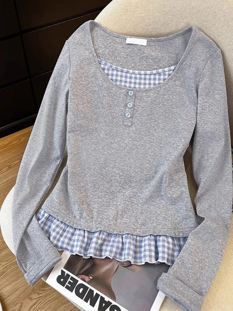 Fashion Fake Two Piece Long Sleeve T-shirt Women Autumn Round Neck Grey Plaid Splicing Pullover Korean Casual Versatile Top