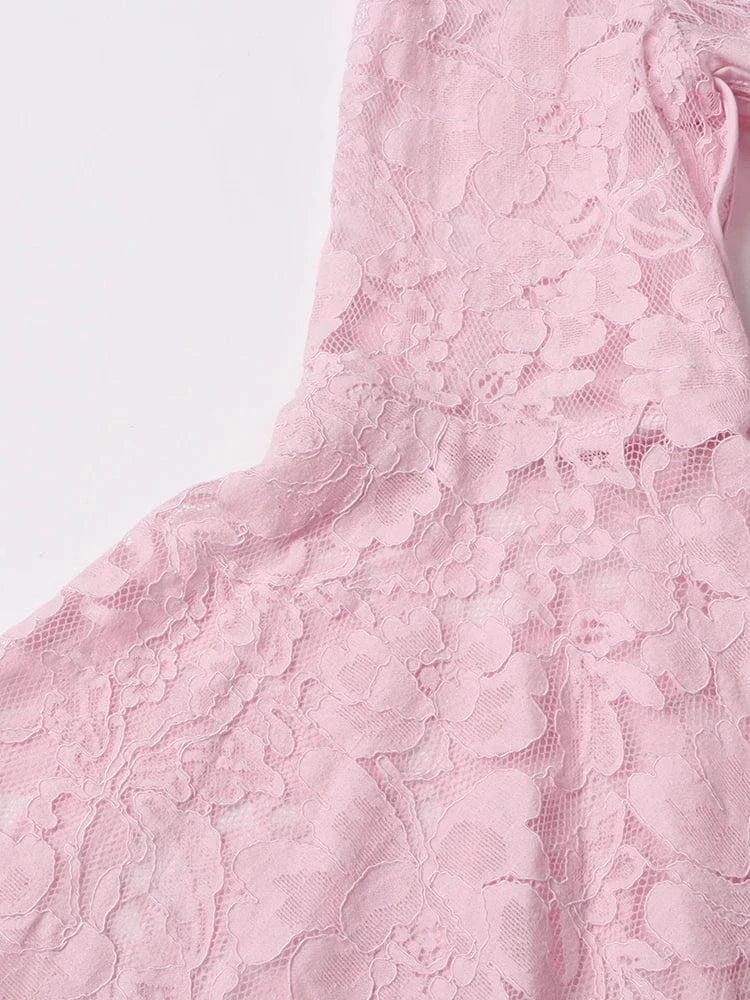 TWOTWINSTYLE Patchwork Lace Slimming Dresses For Women Stand Collar Flare Sleeve High Waist Solid Elegant Dress Female Fashion