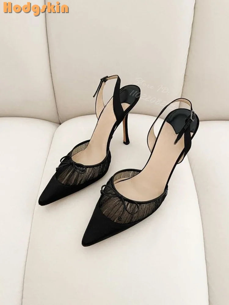 Butterfly Knot Satin Pointed Toe Pumps With Thin Heels for Women