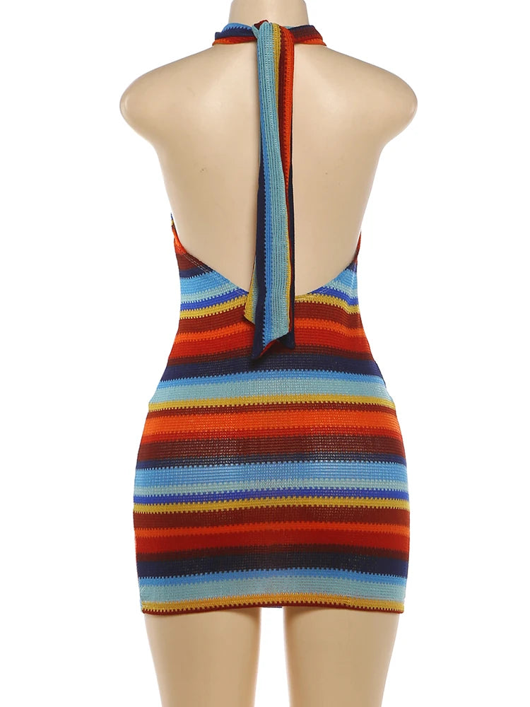 Patchwork Stripe Bodycon Halter Backless Mini Dress for Women