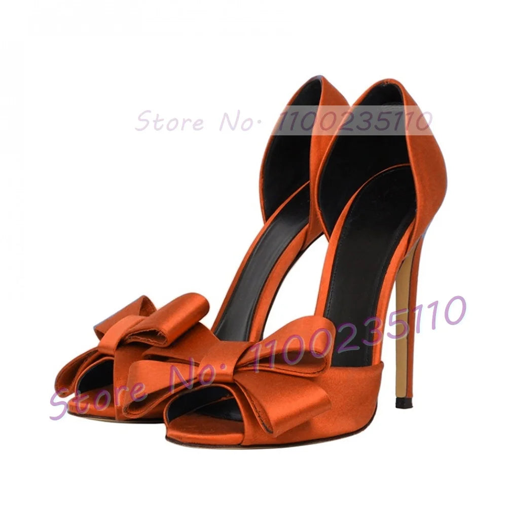 Elegant Rose Red Satin Bowknot Peep Toe Pumps for Women