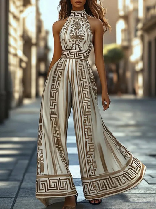 Beautyblue Jumpsuits for Woman Halter Neck Jumpsuit Summer New Fashion Sleeveless Geometric Maze Print One-piece Overalls Female