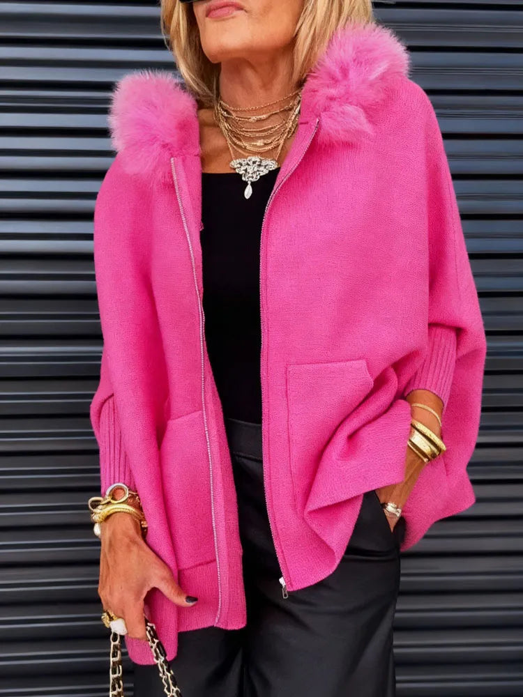 Elegant Fluffy Splicing Solid Loose Sweater Coat Autumn Winter Women Casual Knit Jacket Fashion Zip Long Sleeve Hooded Outercoat