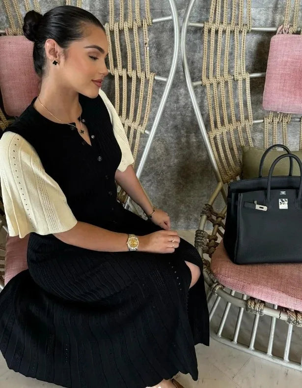 Elegant Pleated Hem Street Fashion O Neck Bell Sleeve Slim Knit Midi Dress 2025 Women Summer Beach Swimsuit Cover Up Tunic A3055