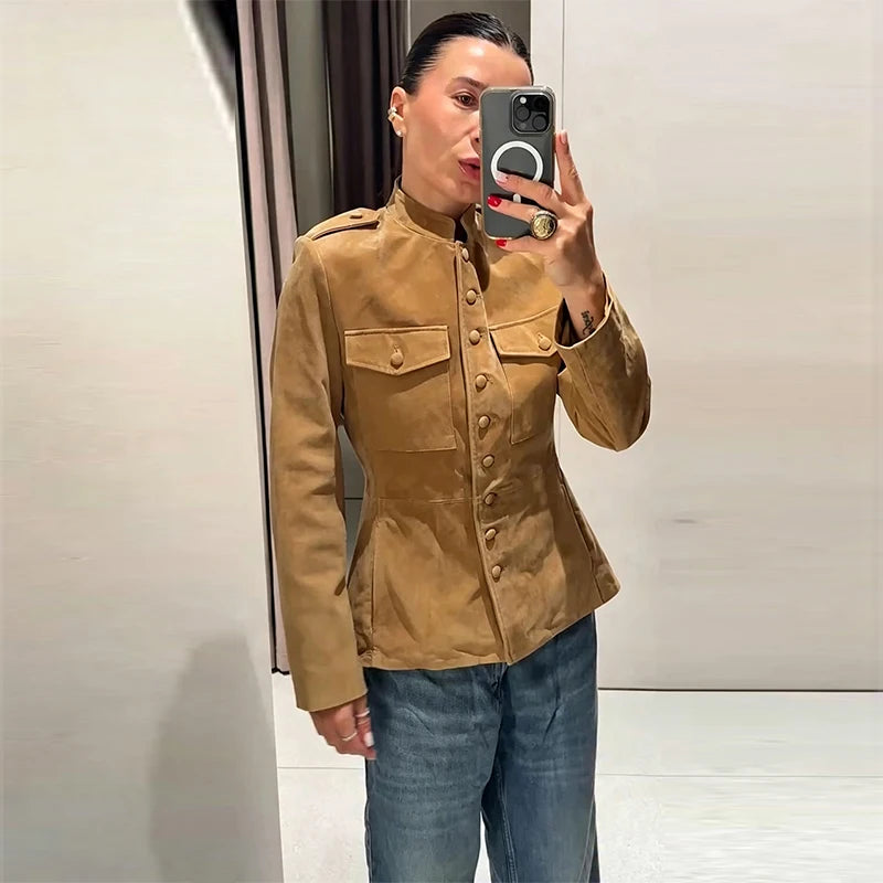 Vintage Stand Collar Single Breasted Military Coat For Women
