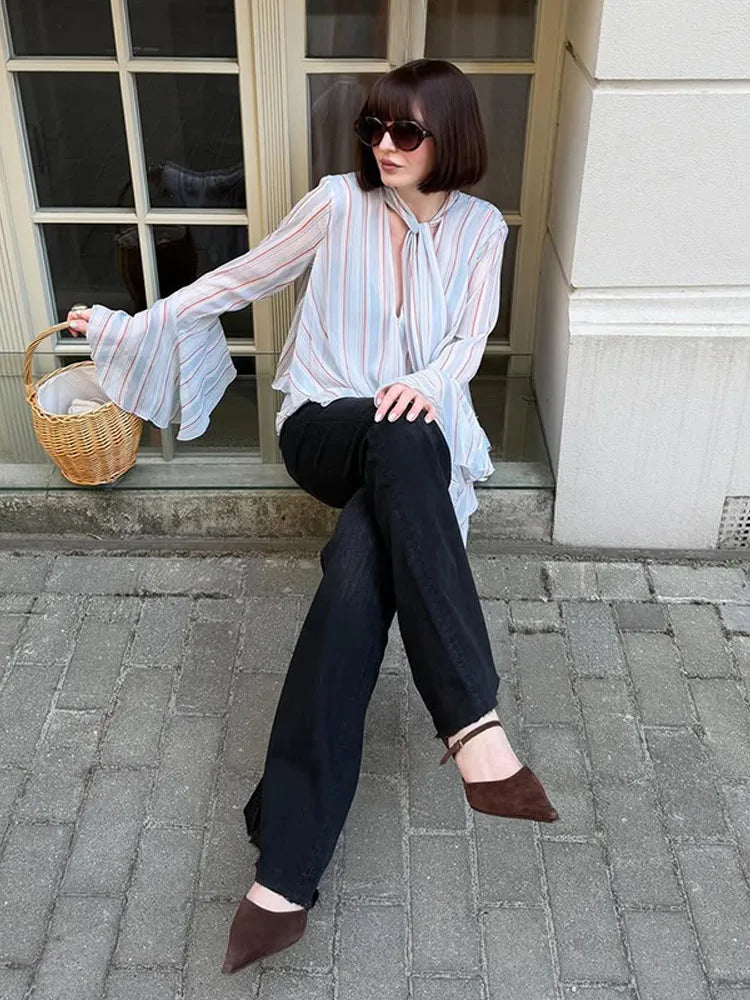 Casual Striped Long Flare Collar Cascading Ruffle Shirt for Women