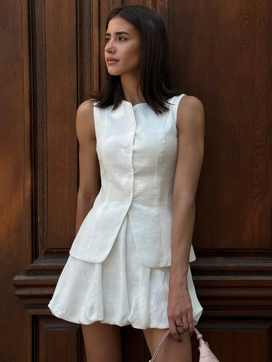 Casual Cotton Sleeveless Mini Skirt And Top Set for Women
