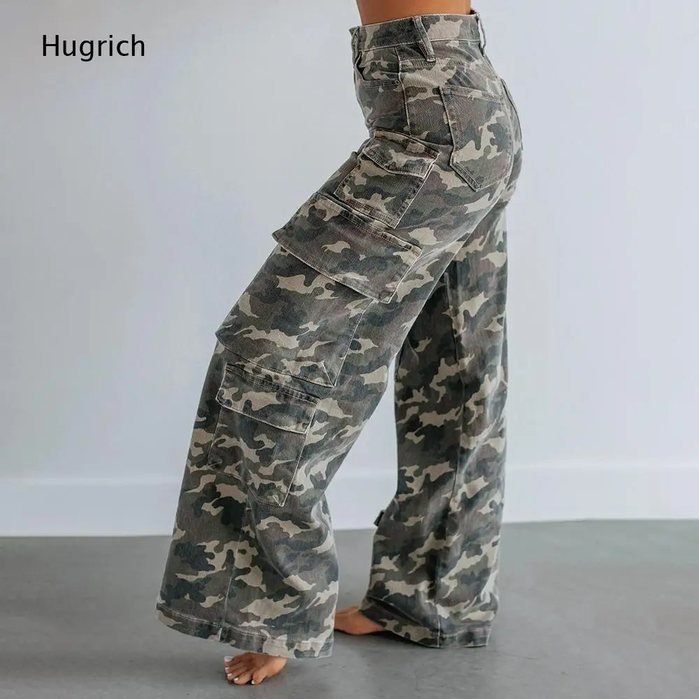 High Waist Camouflage Wide Leg Cargo Pants for Women