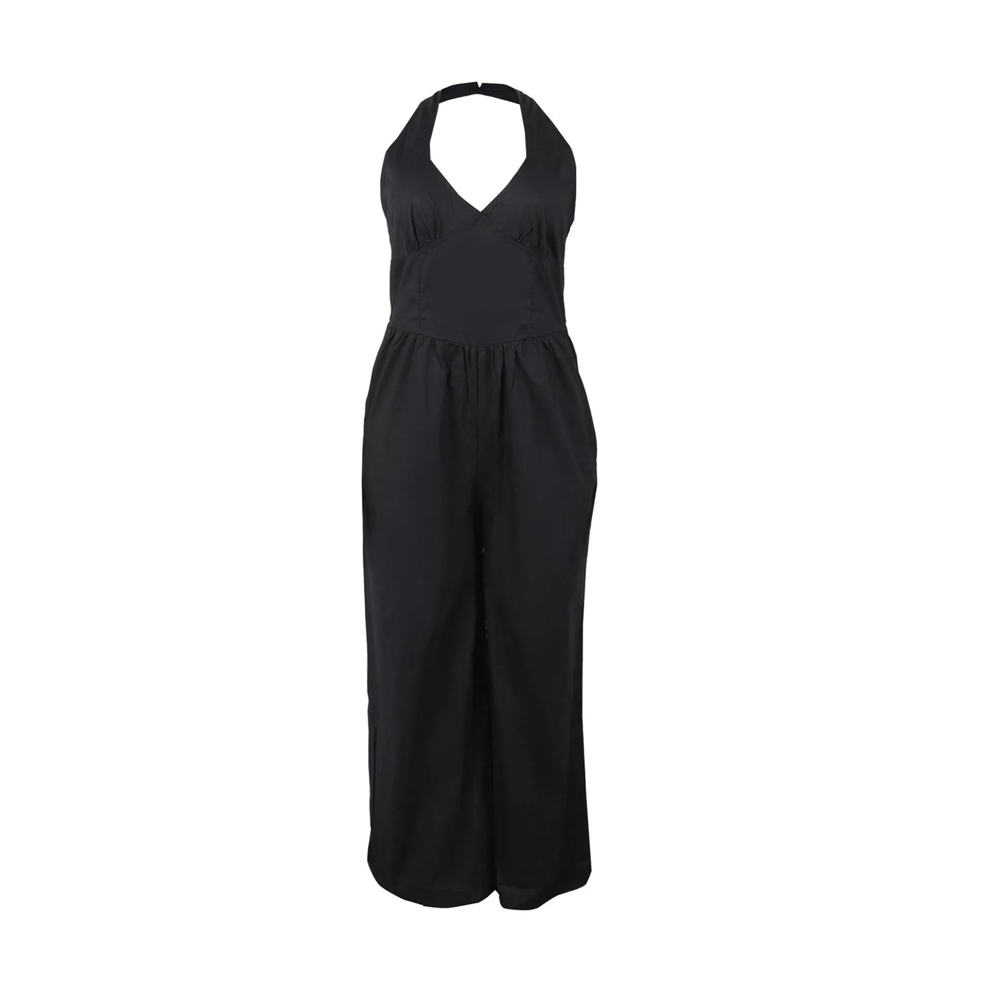 Elegant V-Neck Halter Solid Wide-Leg Jumpsuit for Women