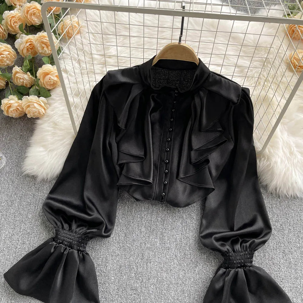 Elegant Satin Ruffle Long Sleeve Blouse for Women