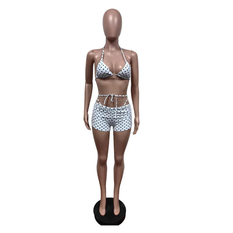 Polka Dot Lace Up Bikini Set with Briefs for Women