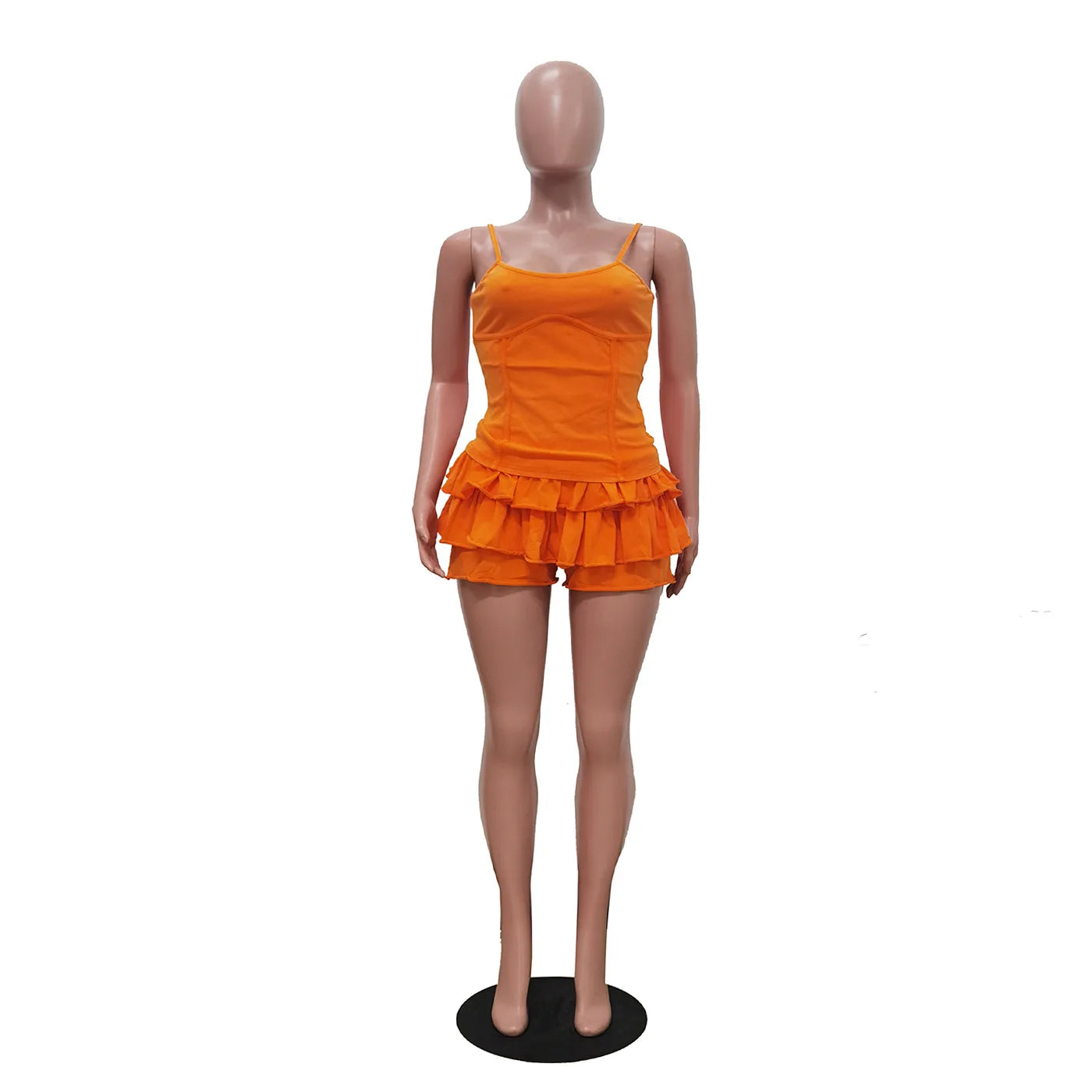 FAGADOER Casual Ribbing Two Piece Outfits Woman Solid Spaghetti Strap Tanks + Pleated Puff Skirt Female Streetwear Summer New