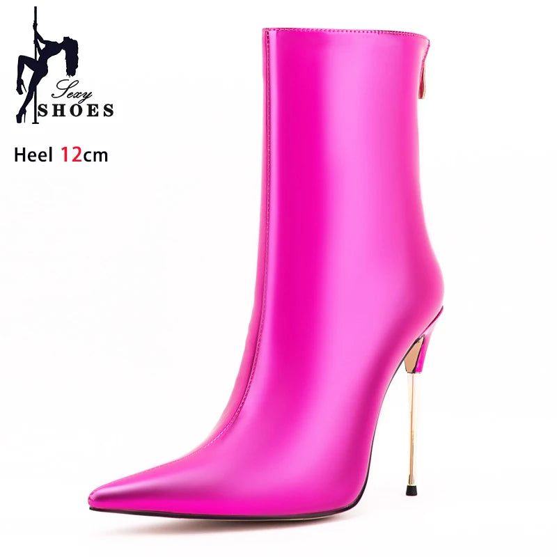 Shiny Blue Mirror Stiletto Boots with Side Zipper for Women