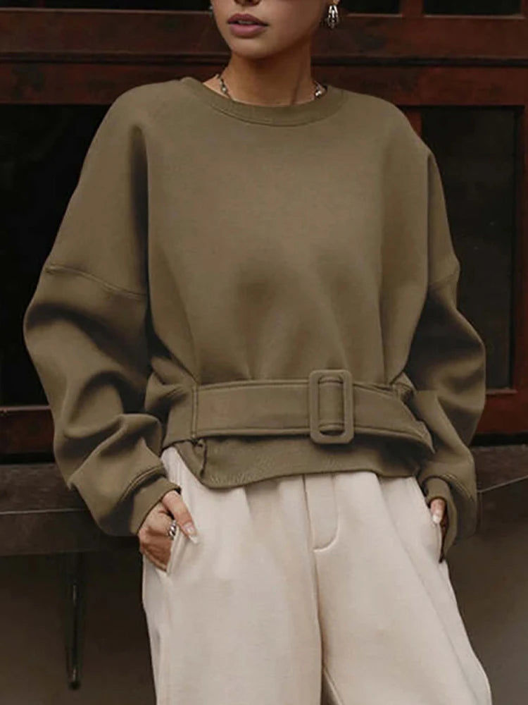 Beautyblue Fall Women's Sweatshirts Tops Female Hoodies 2025 Casual Belt Buckle Solid Color O-Neck Ladies Pullovers Clothing