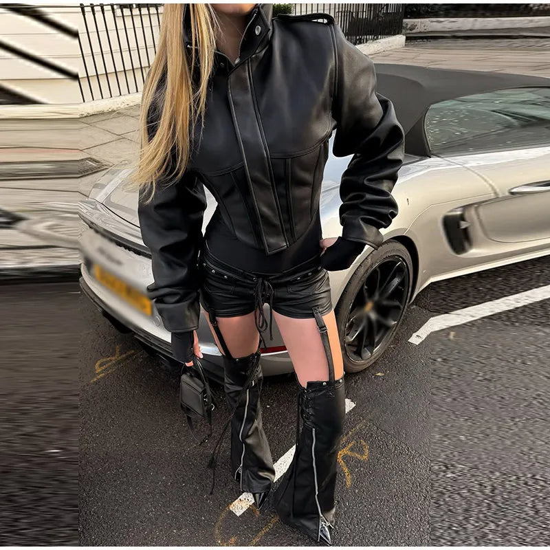 Tailored Crop Front Faux Leather Biker Jacket for Women