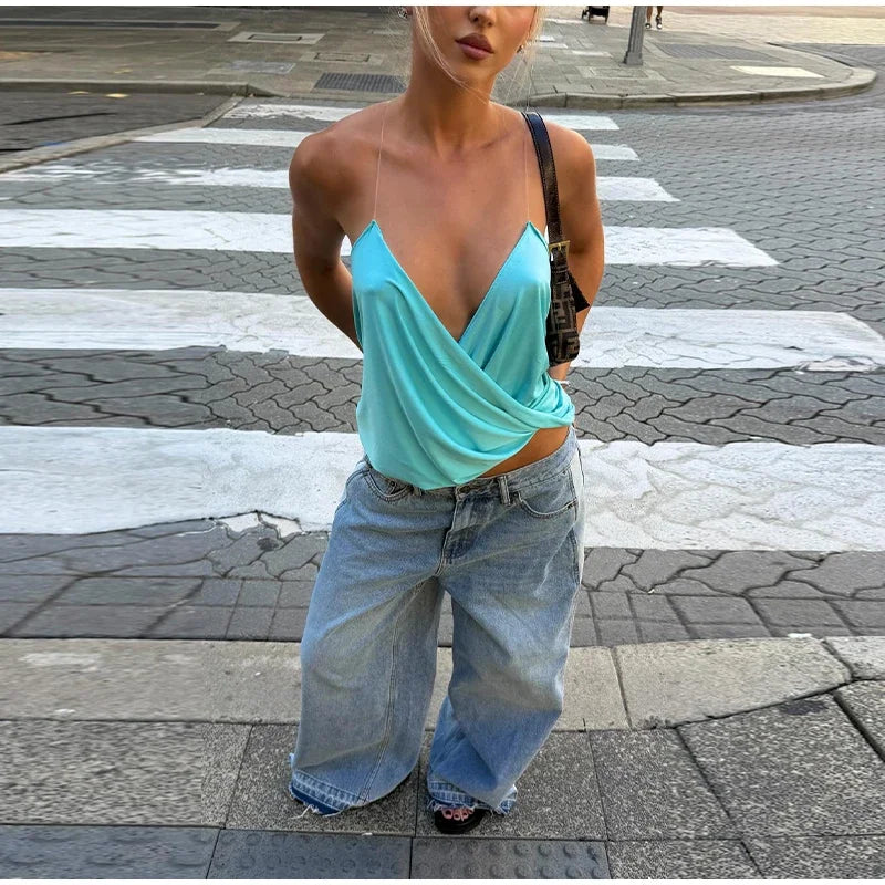 Loose Pleated Halter V Neck Backless Camisole Top for Women