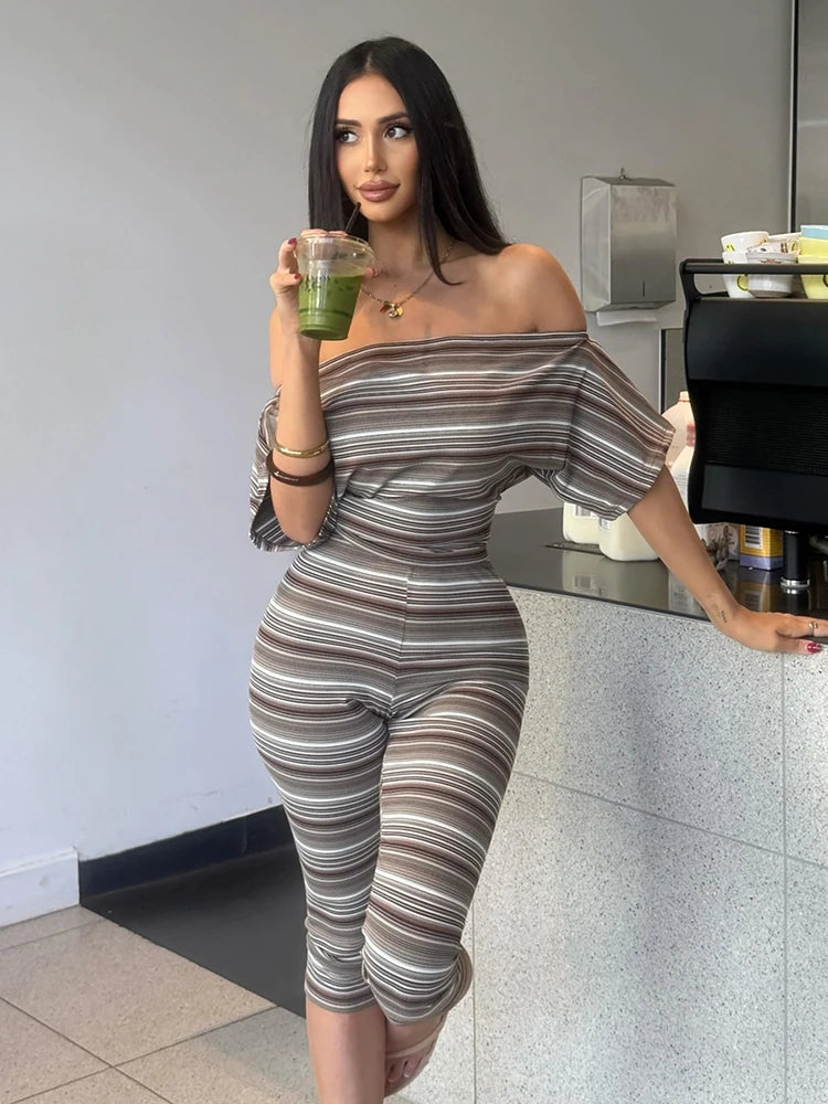 Striped Slash Neck Crop Top and Capri Pants Set for Women