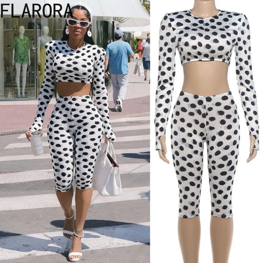 Polka Dot Long Sleeve Crop Top And Shorts Set for Women