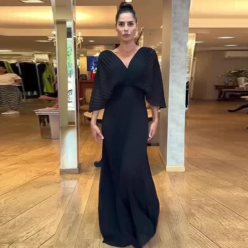 Solid Color V-Neck Bat-Sleeve High-Waisted Dress for Women