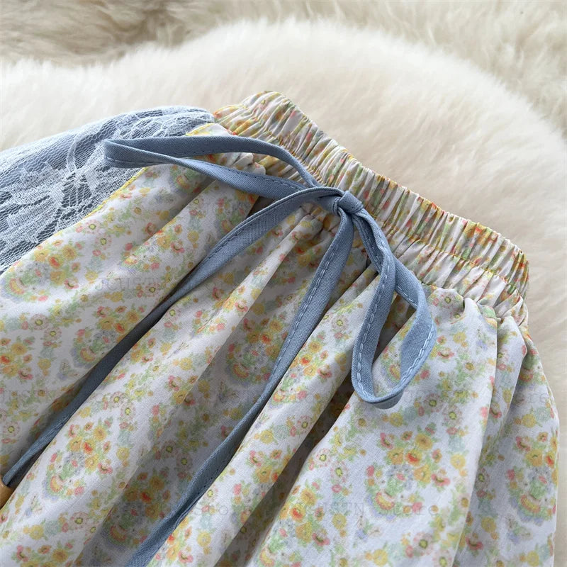 High-Waist Patchwork Lace-Up Skirt