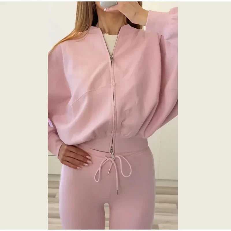 Solid Zip Front Coat and Trousers Two Piece Set for Women Autumn