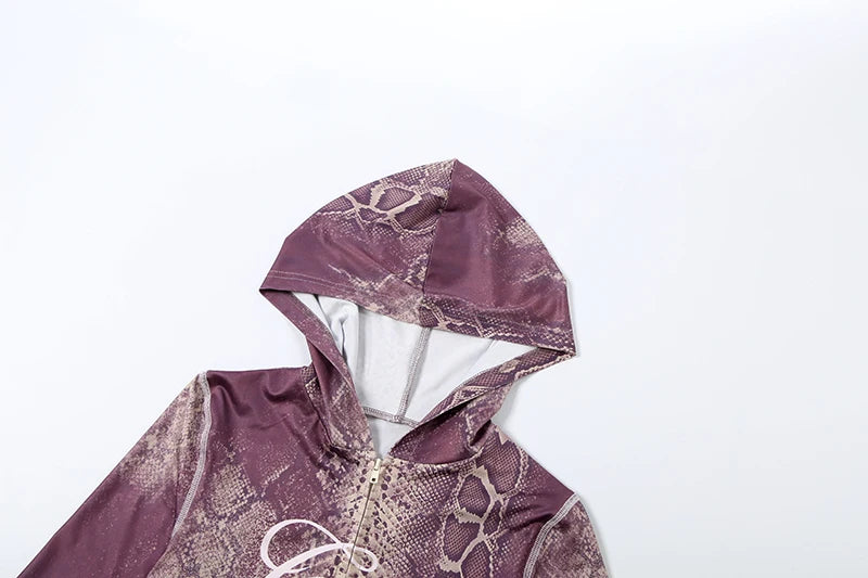 Snake Print Zip Jacket and Pants Two Piece Set for Women