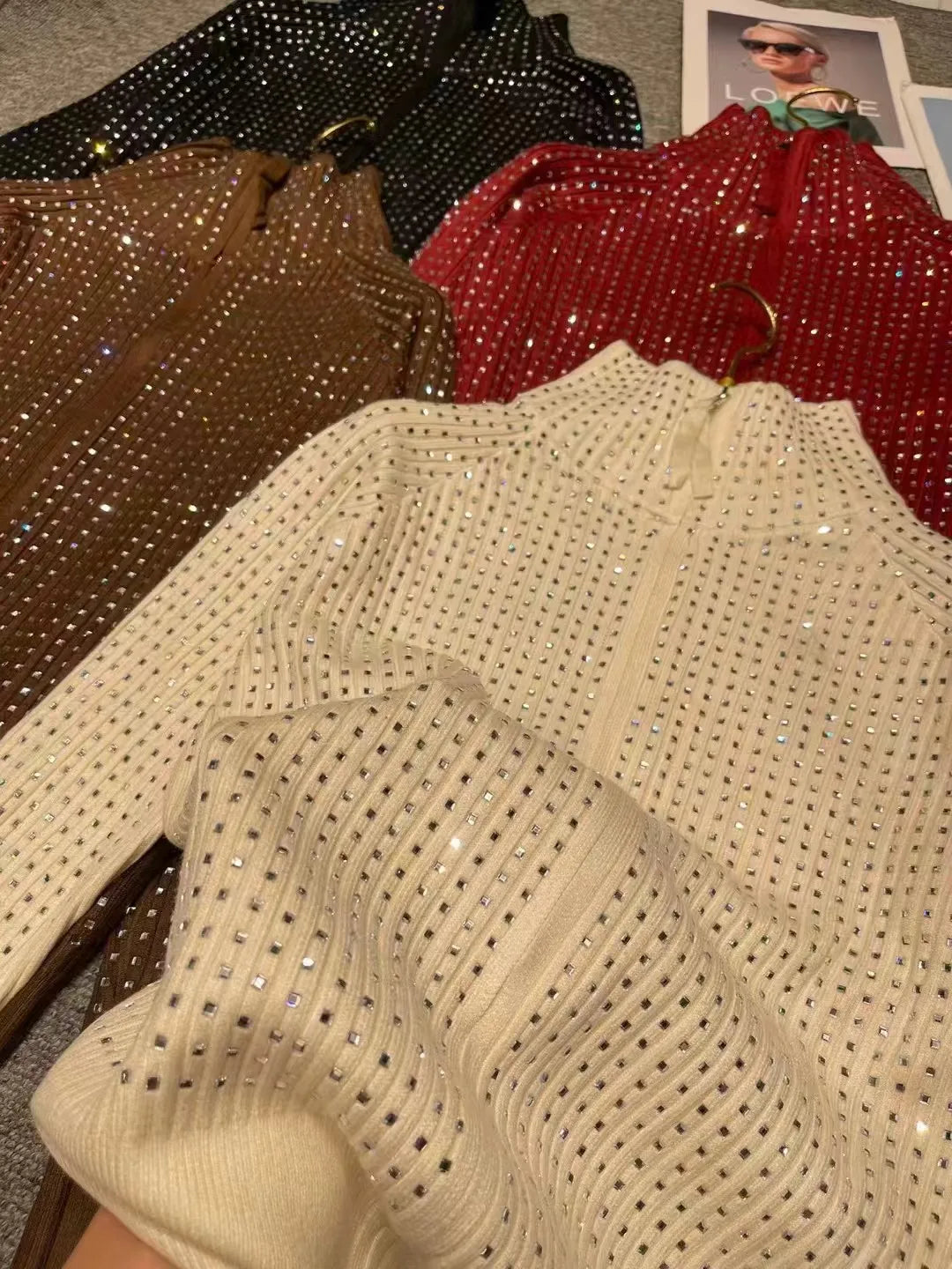 Luxury Style Sparkle Diamonds Autumn Winter 2025 Thick Knitted Cardigan Sweater Women's Long Sleeve Zipper Up Outwear Coat Top