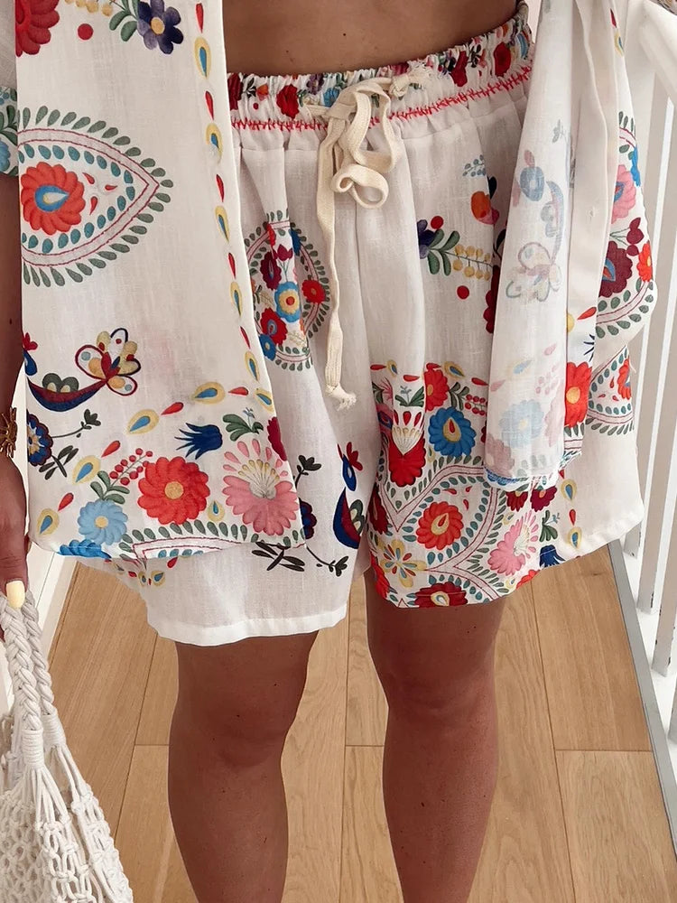 Women Cardigan Top Shorts Two Pieces Sets, Summer Holiday Fashion Half Sleeve Chic Outfit, 2025 Print Elastic Waist Ladies Suits